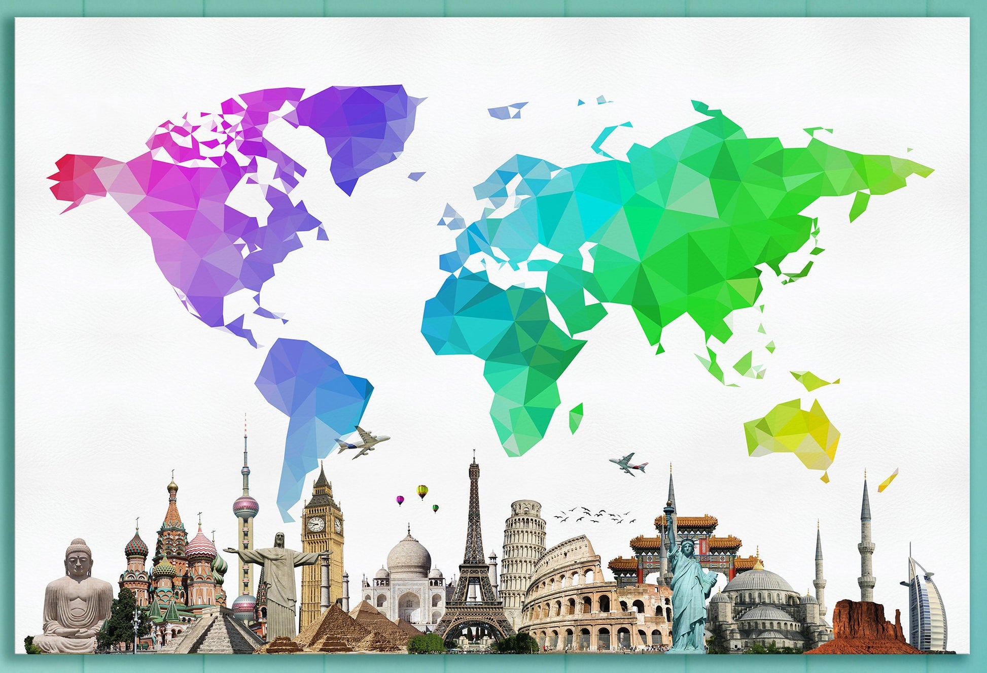 Large World Map With Monuments Framed Canvas Leather Print