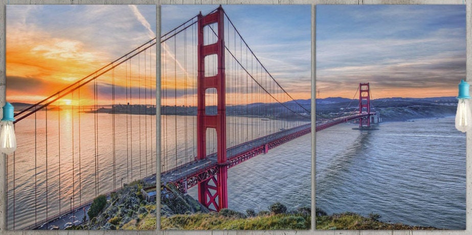 Golden Gate at Sunset, San Francisco Framed Canvas Leather Print