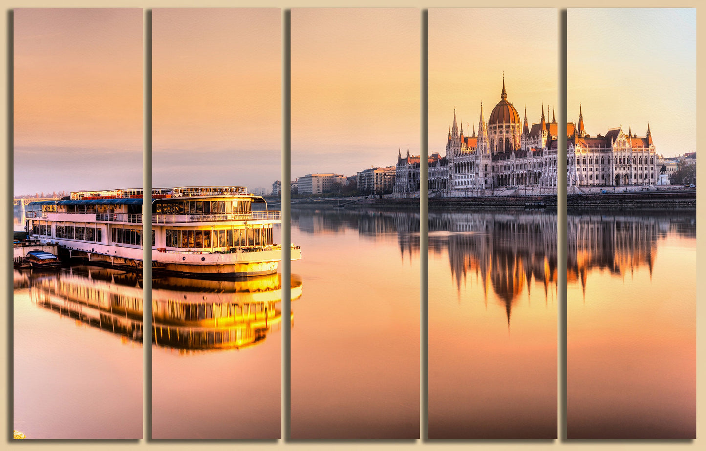 Budapest Parliament at Sunrise Framed Canvas Leather Print
