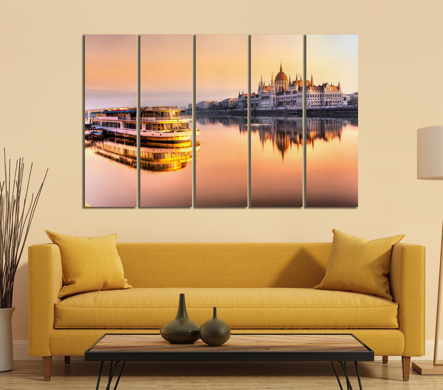Budapest Parliament at Sunrise Framed Canvas Leather Print