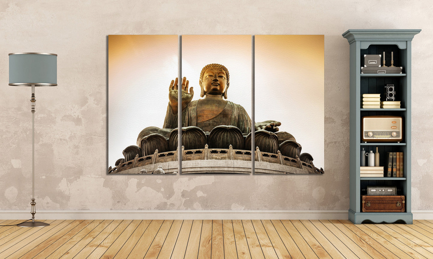 Tian Tan Buddha at Po Lin Monastery in Hong Kong Framed Canvas Leather Print