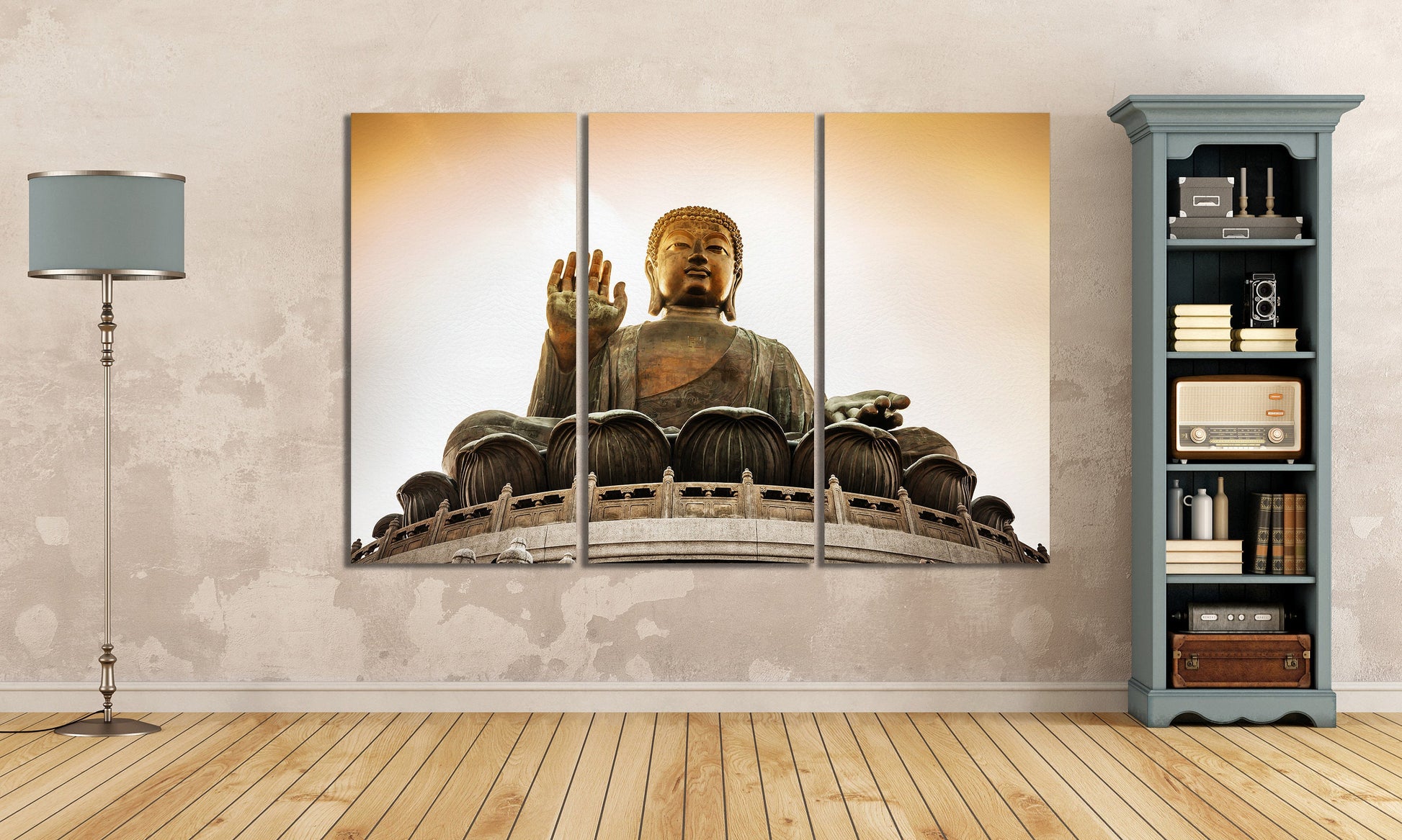 Tian Tan Buddha at Po Lin Monastery in Hong Kong Framed Canvas Leather Print