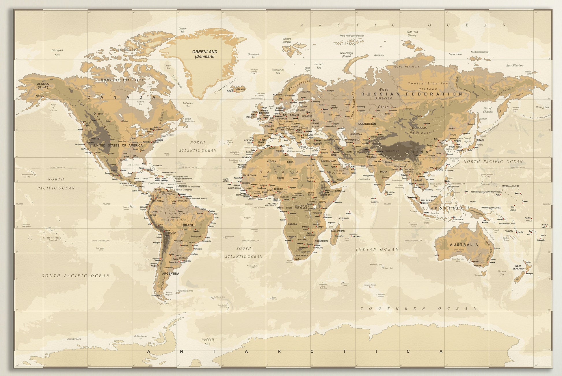 Push Pin Vintage Phisical Map Of The World Framed Canvas Leather Print
