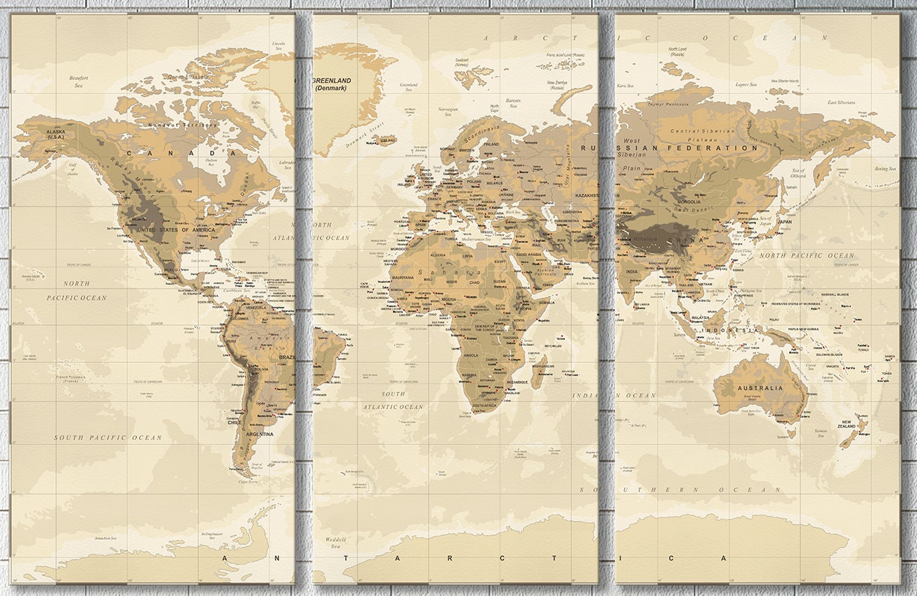 Push Pin Vintage Phisical Map Of The World Framed Canvas Leather Print