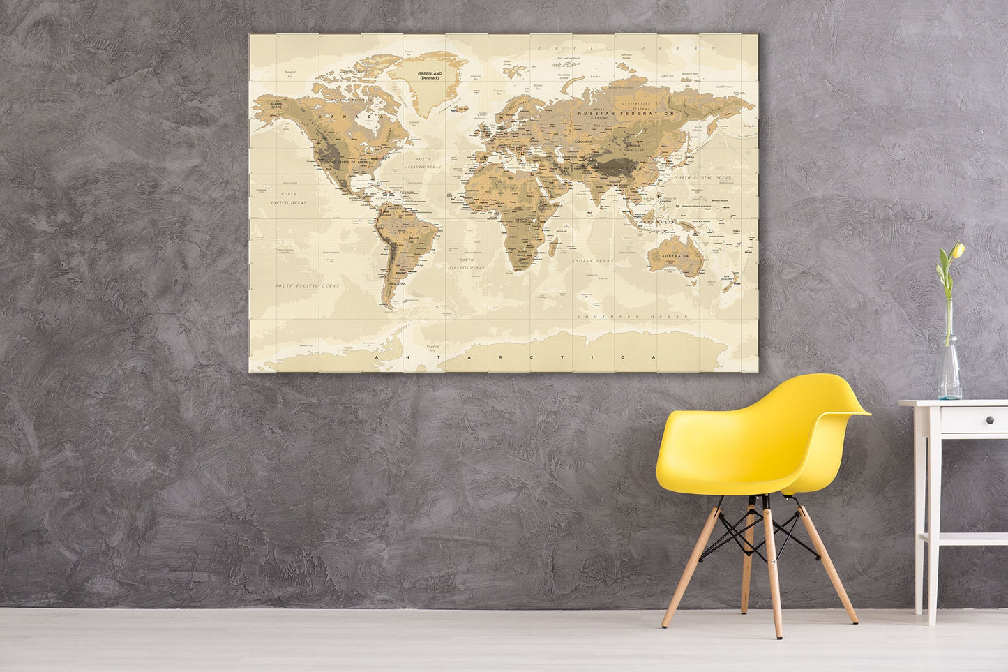 Push Pin Vintage Phisical Map Of The World Framed Canvas Leather Print