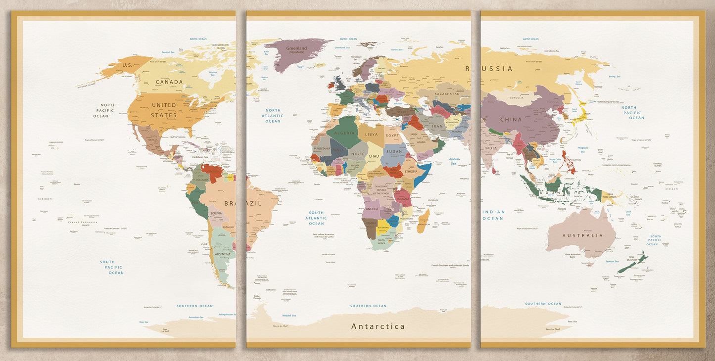 Push Pin Detailed World Map Vintage + Custom Quote Framed Canvas Leather Print