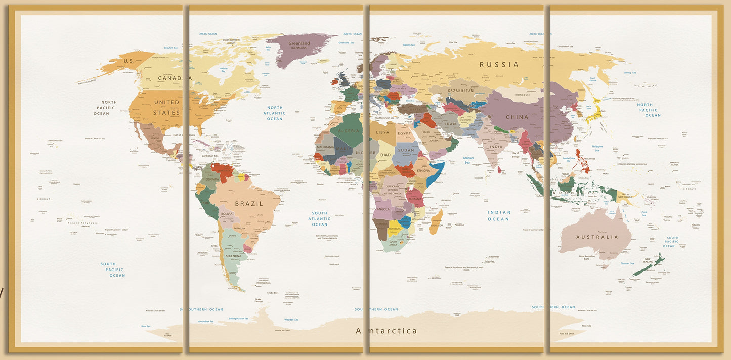 Push Pin Detailed World Map Vintage + Custom Quote Framed Canvas Leather Print