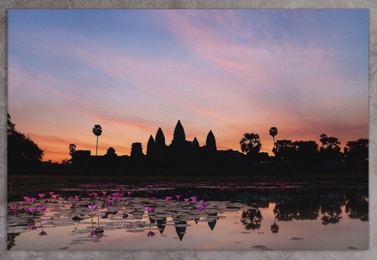 Angkor Wat Cambodia Silhouette Framed Canvas Leather Print