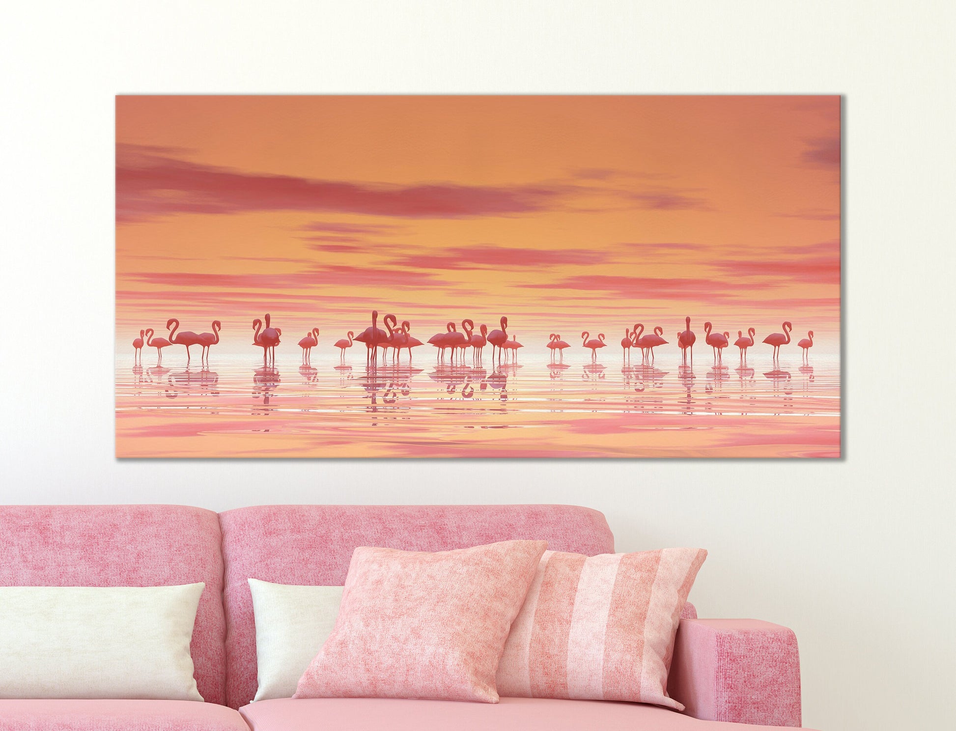 Pink Flamingos on Lake Framed Canvas Print