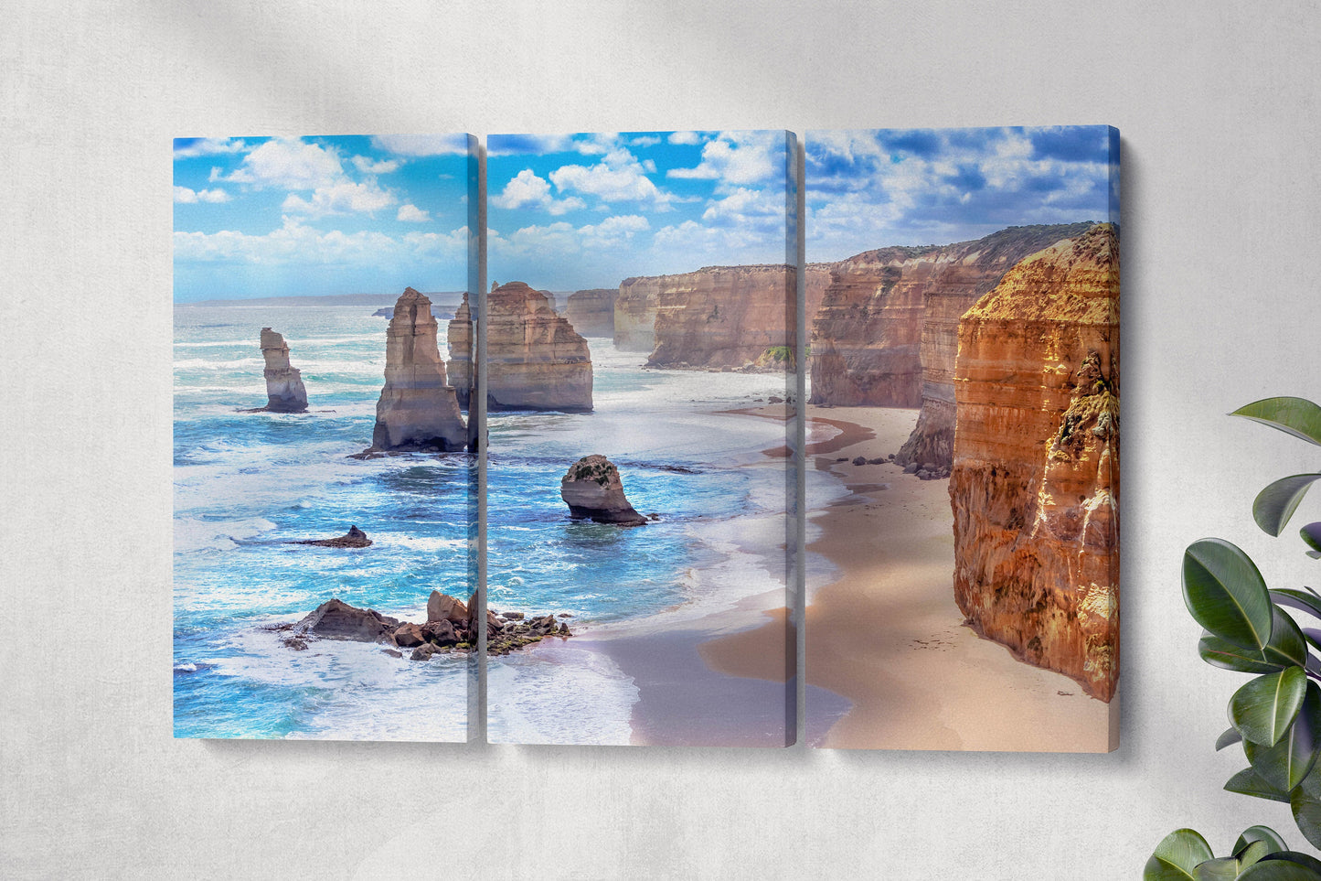 Twelve Apostles and Orange Cliffs Along the Great Ocean Road, Australia Framed Canvas Eco Leather Print Triptych Wall