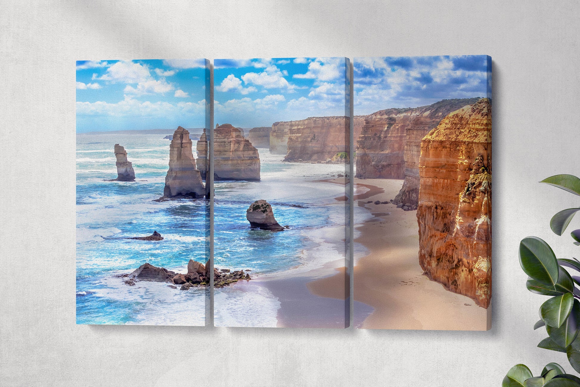 Twelve Apostles and Orange Cliffs Along the Great Ocean Road, Australia Framed Canvas Eco Leather Print Triptych Wall