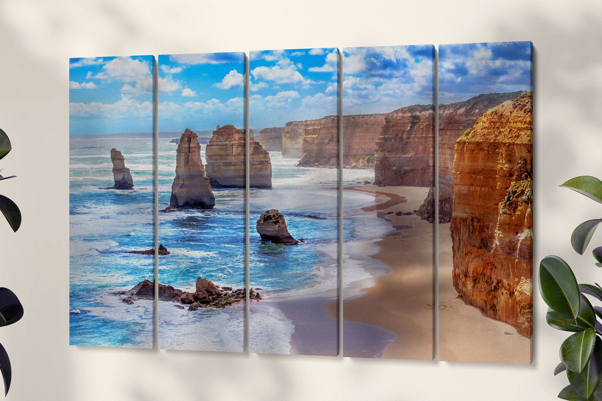 Twelve Apostles and Orange Cliffs Along the Great Ocean Road, Australia Framed Canvas Eco Leather Print 5 Panels