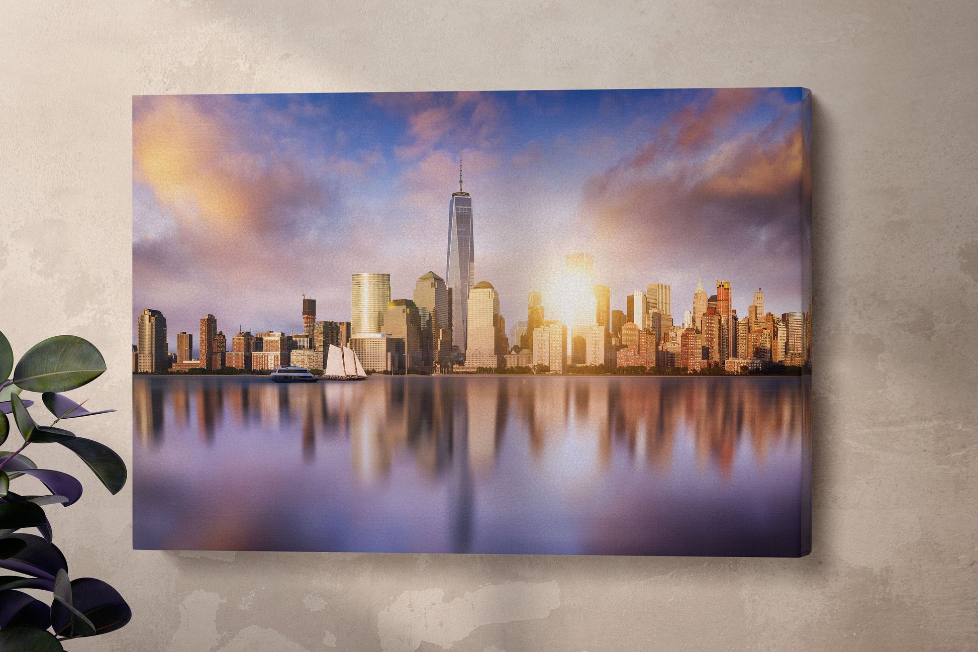 New York City Skyline with One World Trade Center framed canvas leather print
