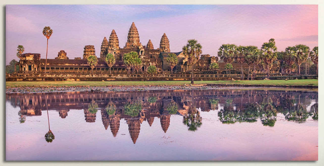 Angkor Wat Temple at Sunrise Framed Canvas Leather Print