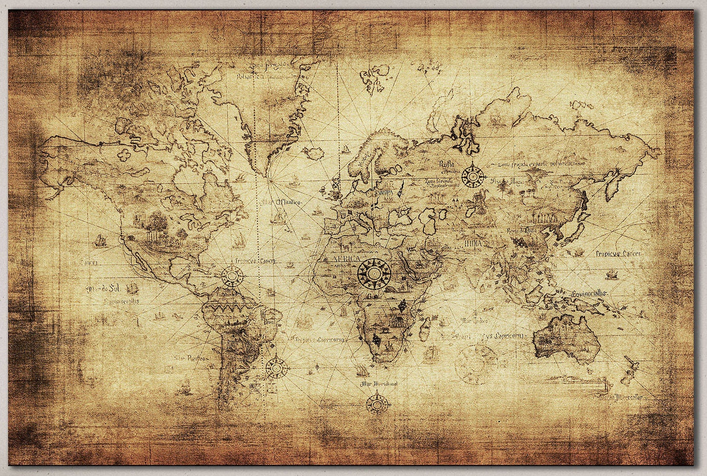 Beige/Brown Ancient World Map Framed Canvas Eco Leather Print, Made in Italy!