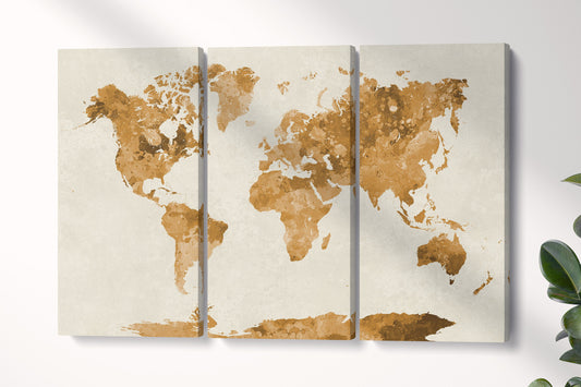 Colored World Map artwork triptych framed canvas leather print