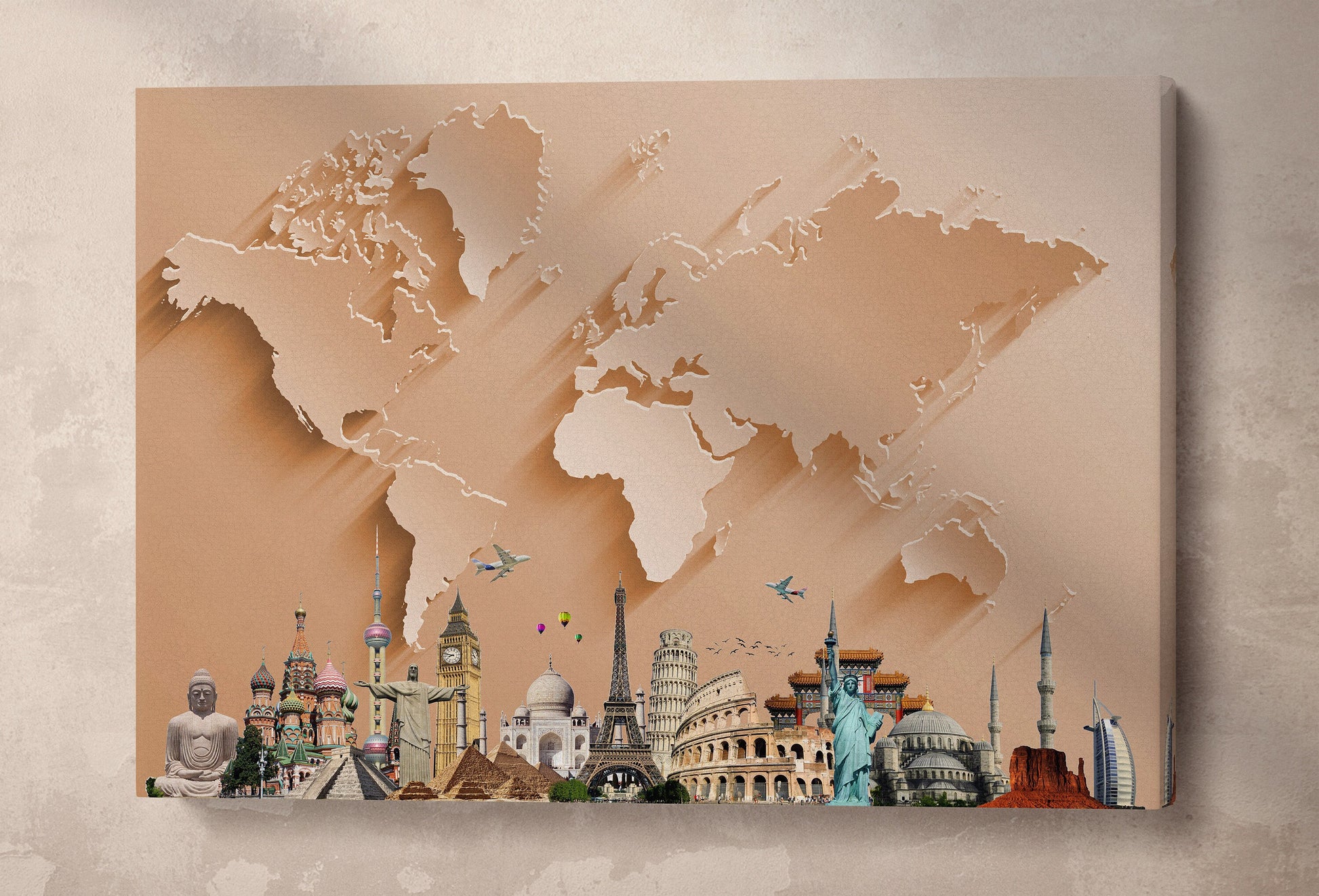 Bronze World Map With Monuments Framed Canvas Leather Print