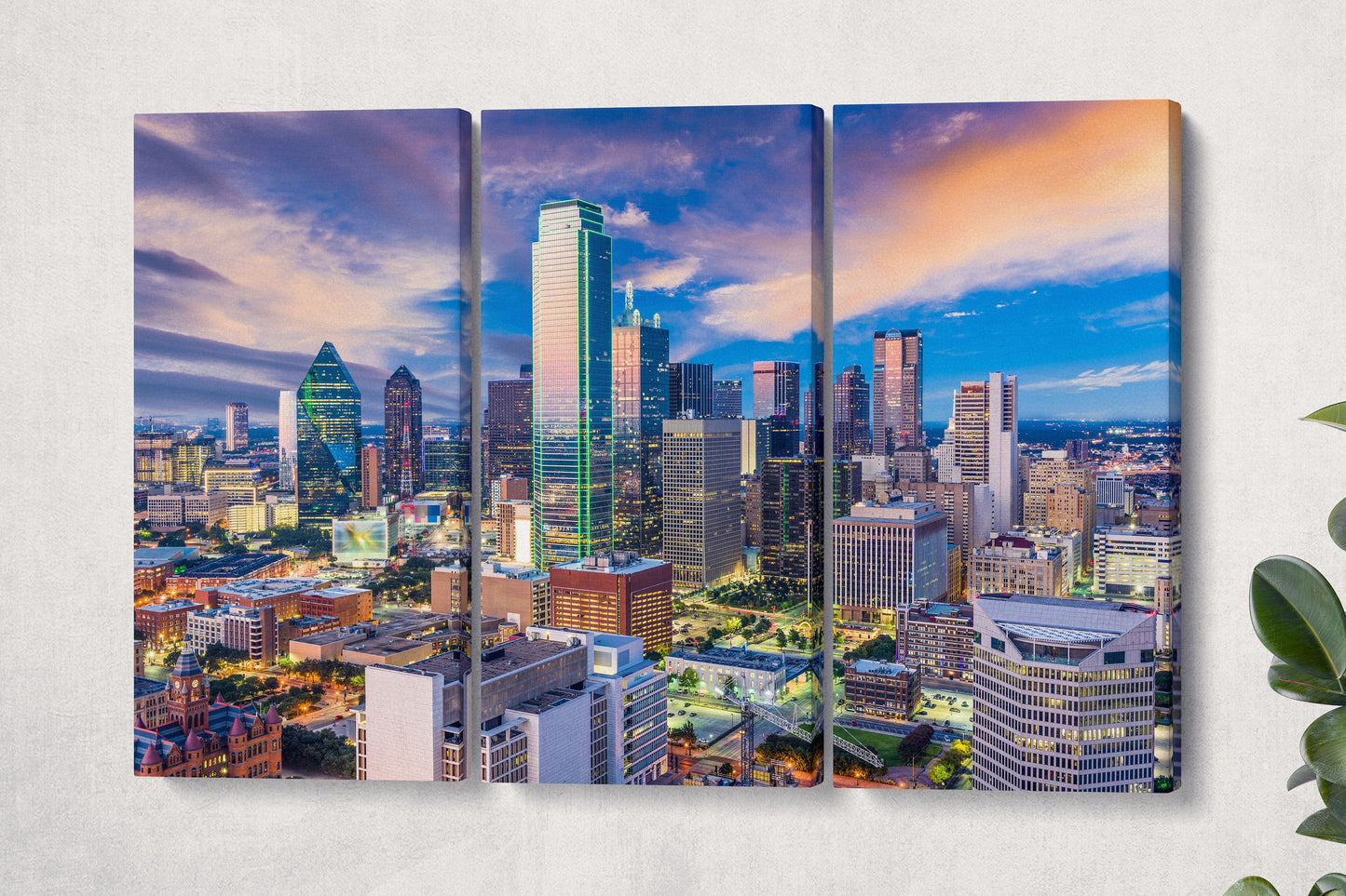 Dallas, Texas, Skyline at Dawn Wall Art Canvas Leather Print, Made in Italy!