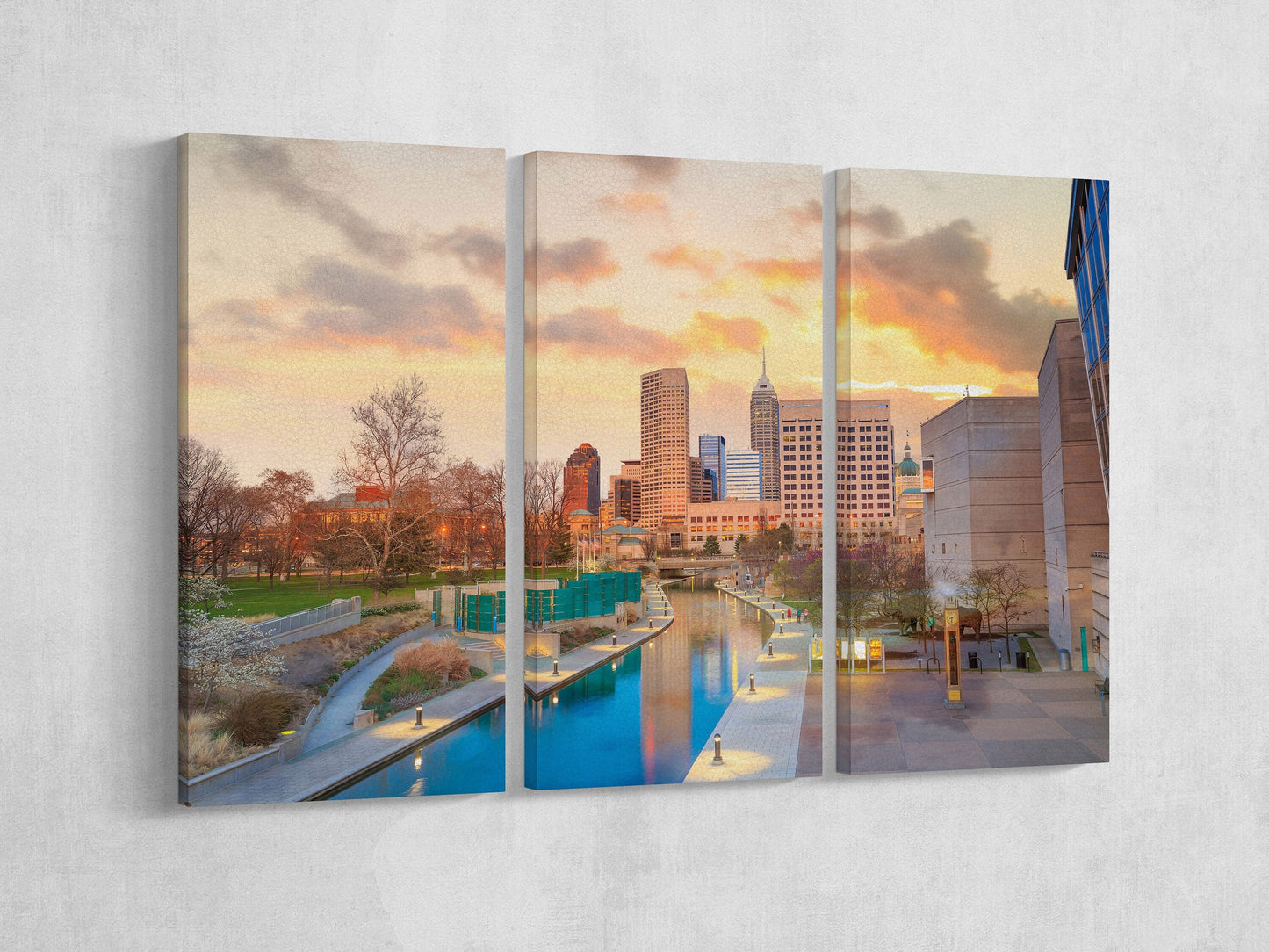 Indianapolis Skyline at Twilight Framed Canvas Leather Print