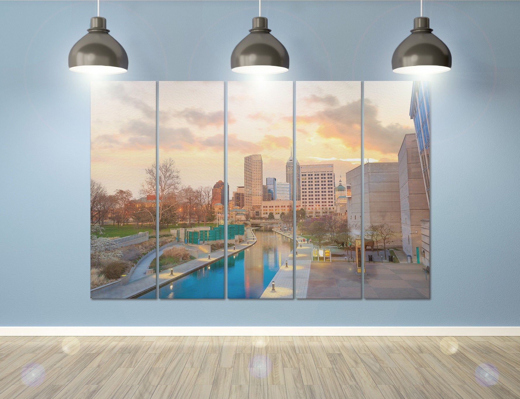 Indianapolis Skyline at Twilight Framed Canvas Leather Print