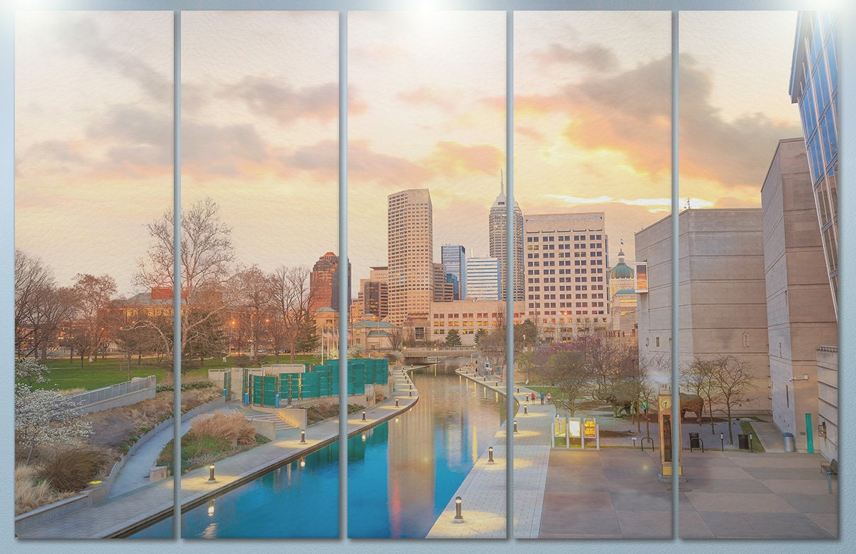 Indianapolis Skyline at Twilight Framed Canvas Leather Print