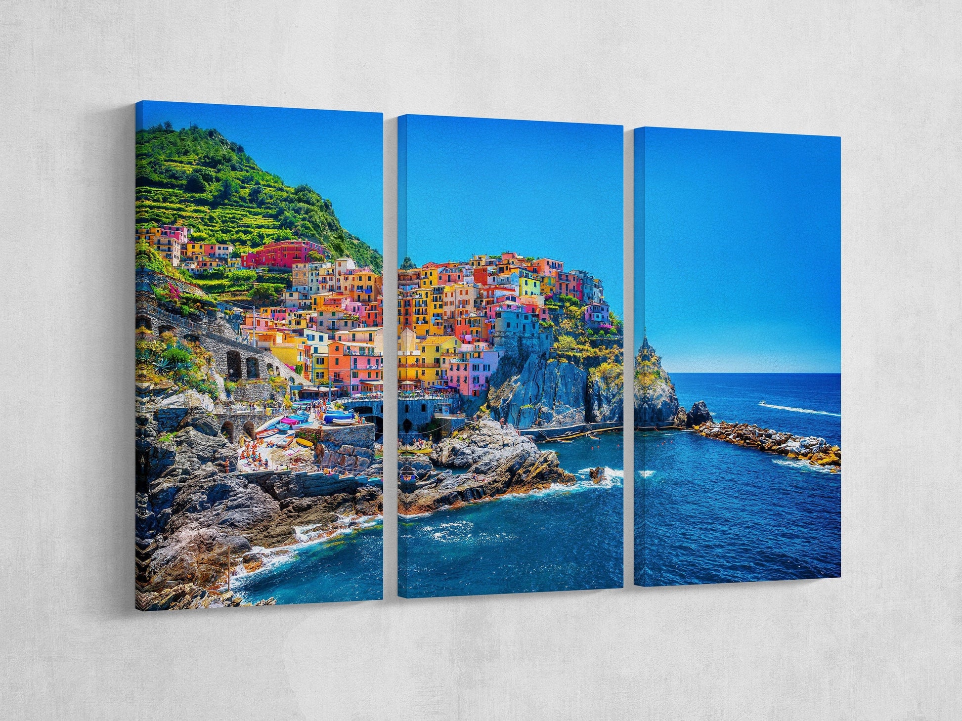 Manarola Cinque Terre Liguria Italy Canvas Wall Art Eco Leather Print Triptych Grey Wall