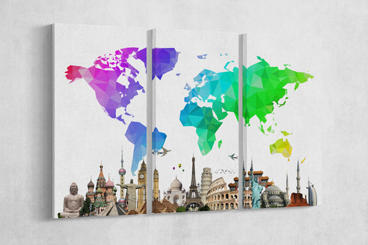 Large World Map With Monuments Framed Canvas Leather Print