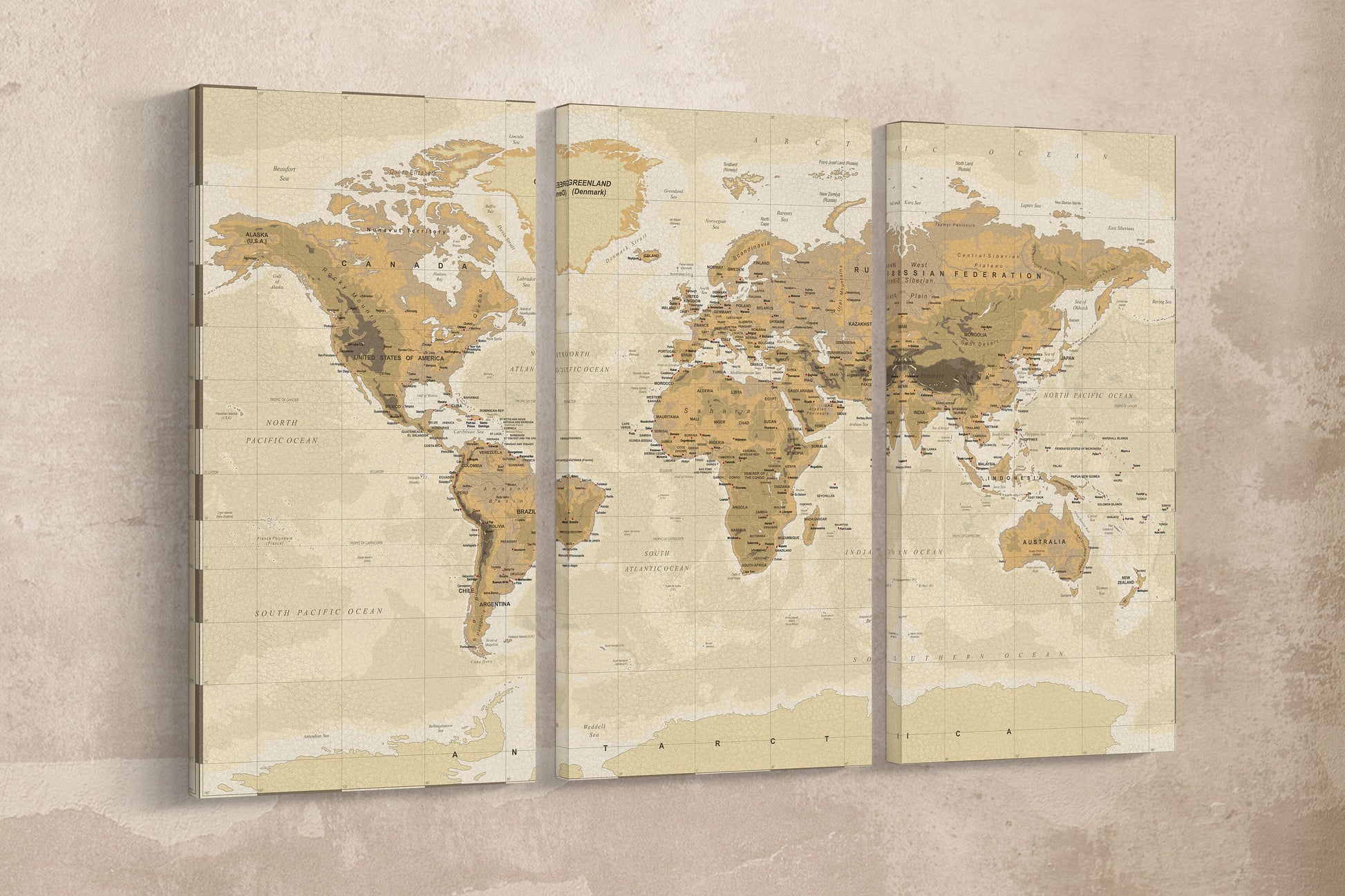Push Pin Vintage Phisical Map Of The World Framed Canvas Leather Print