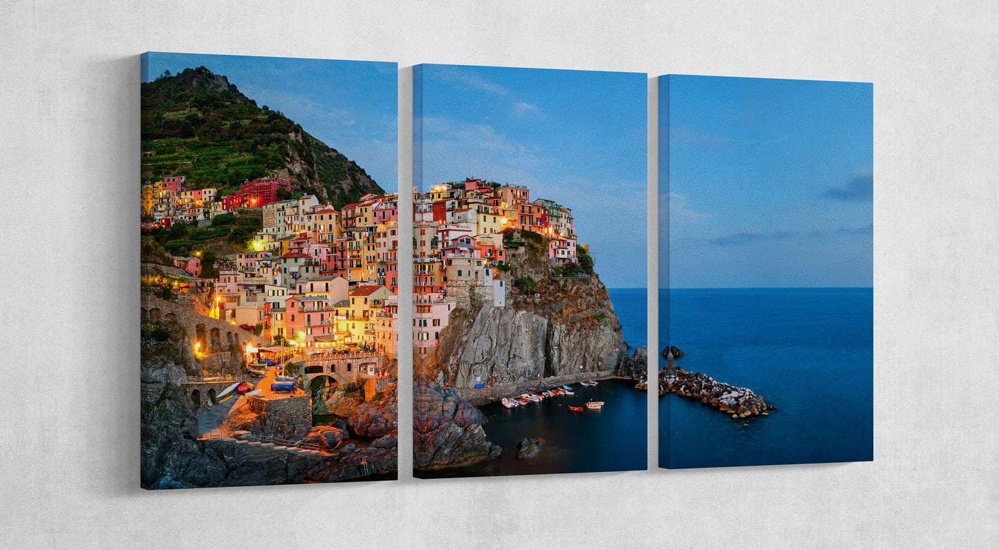 Manarola, Cinque Terre, Liguria at Twilight Framed Canvas Leather Print