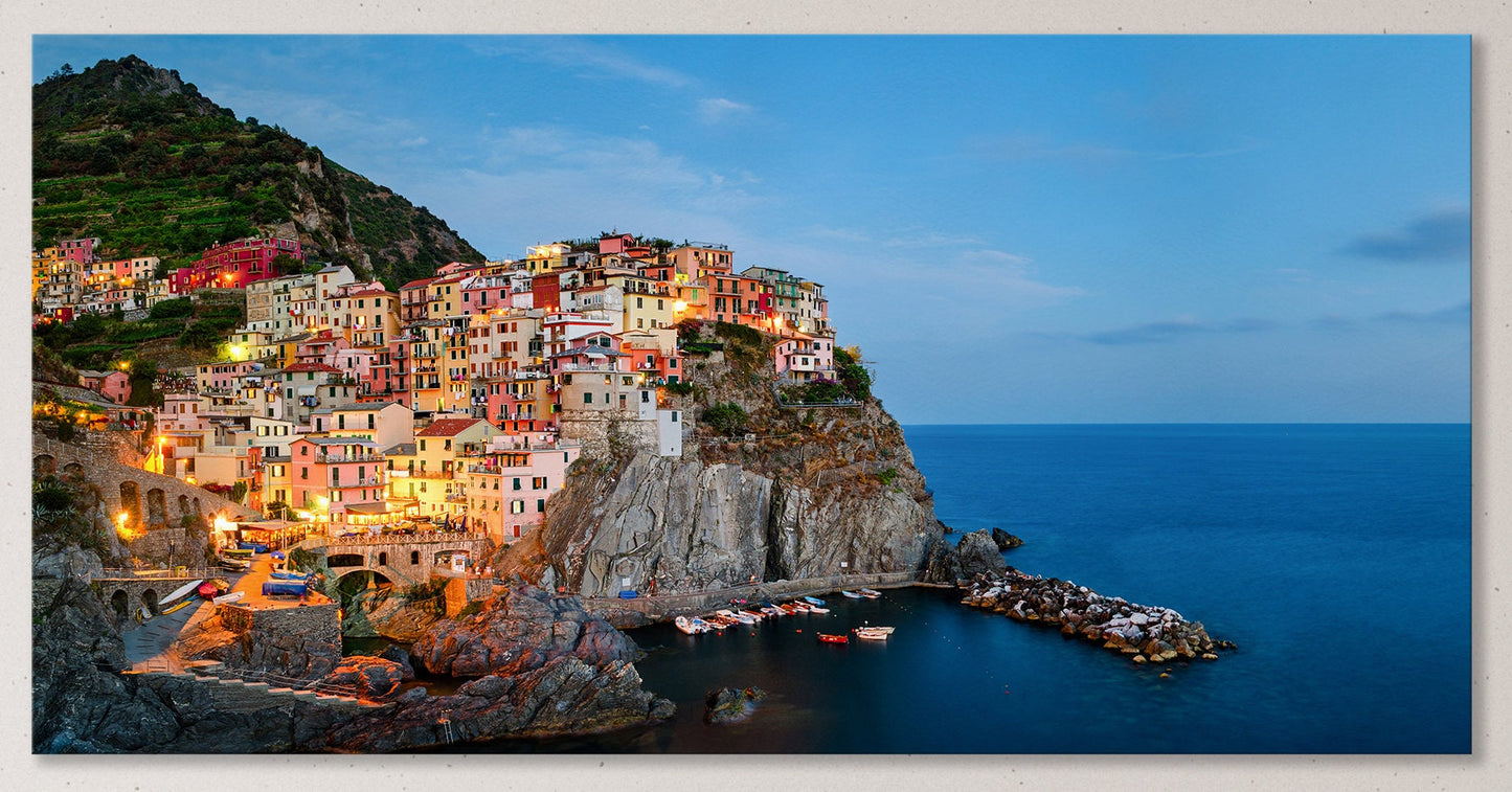 Manarola, Cinque Terre, Liguria at Twilight Framed Canvas Leather Print