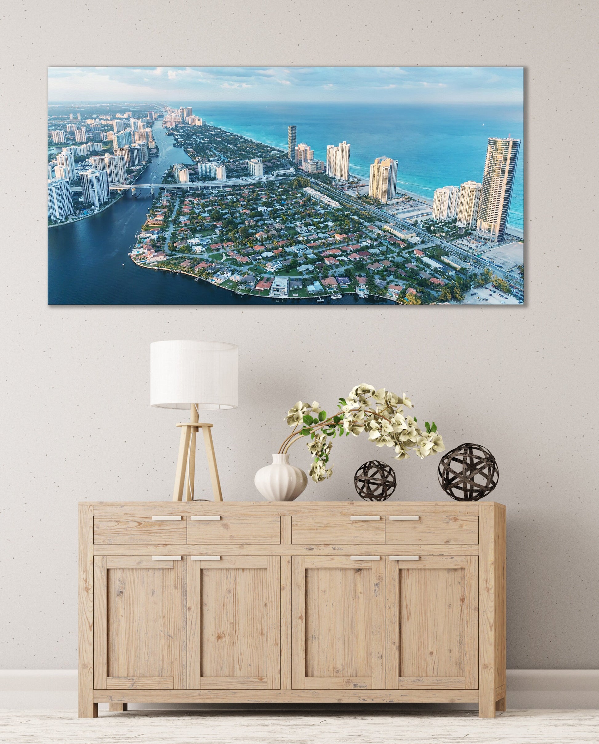 Miami Skyline Aerial View Framed Canvas Print
