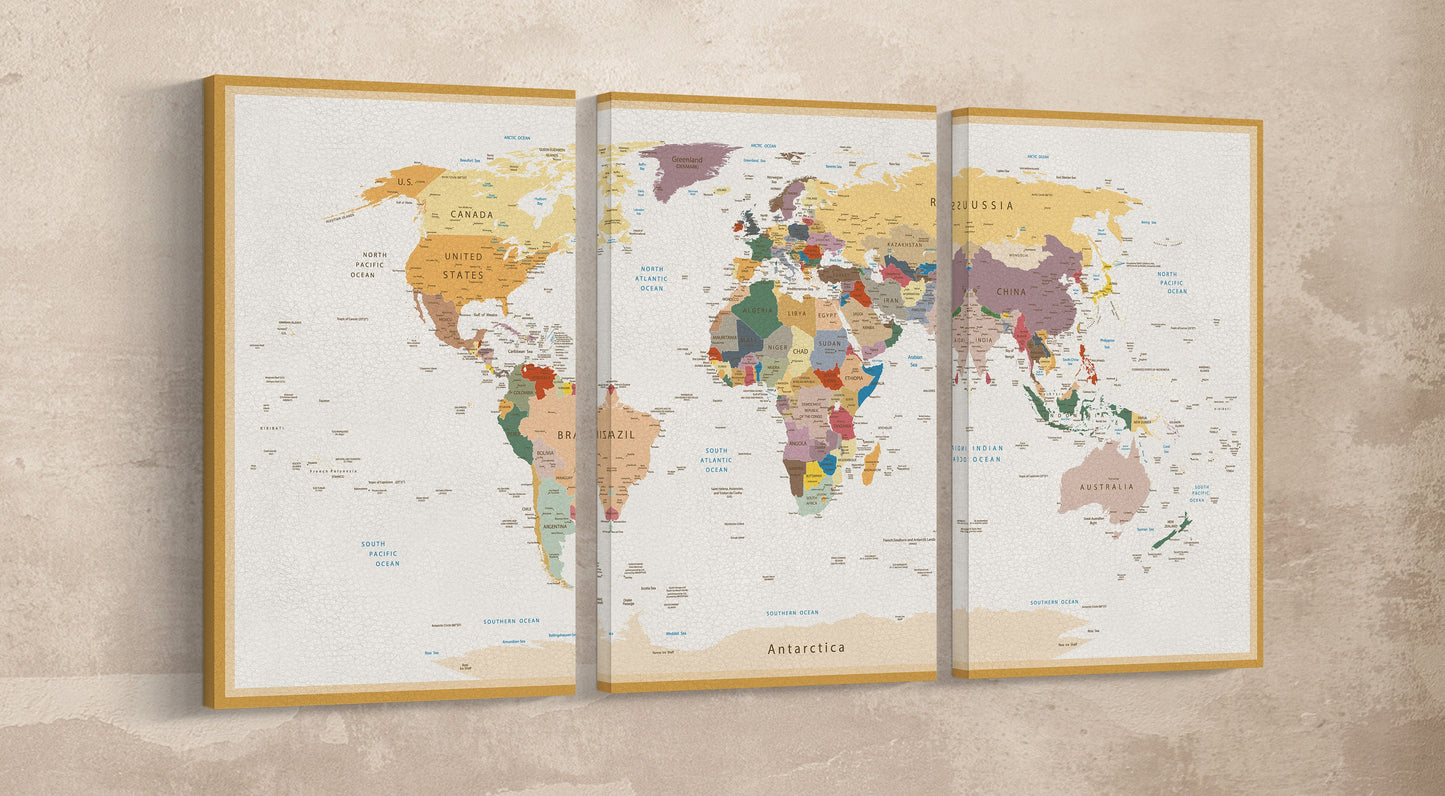 Push Pin Detailed World Map Vintage + Custom Quote Framed Canvas Leather Print