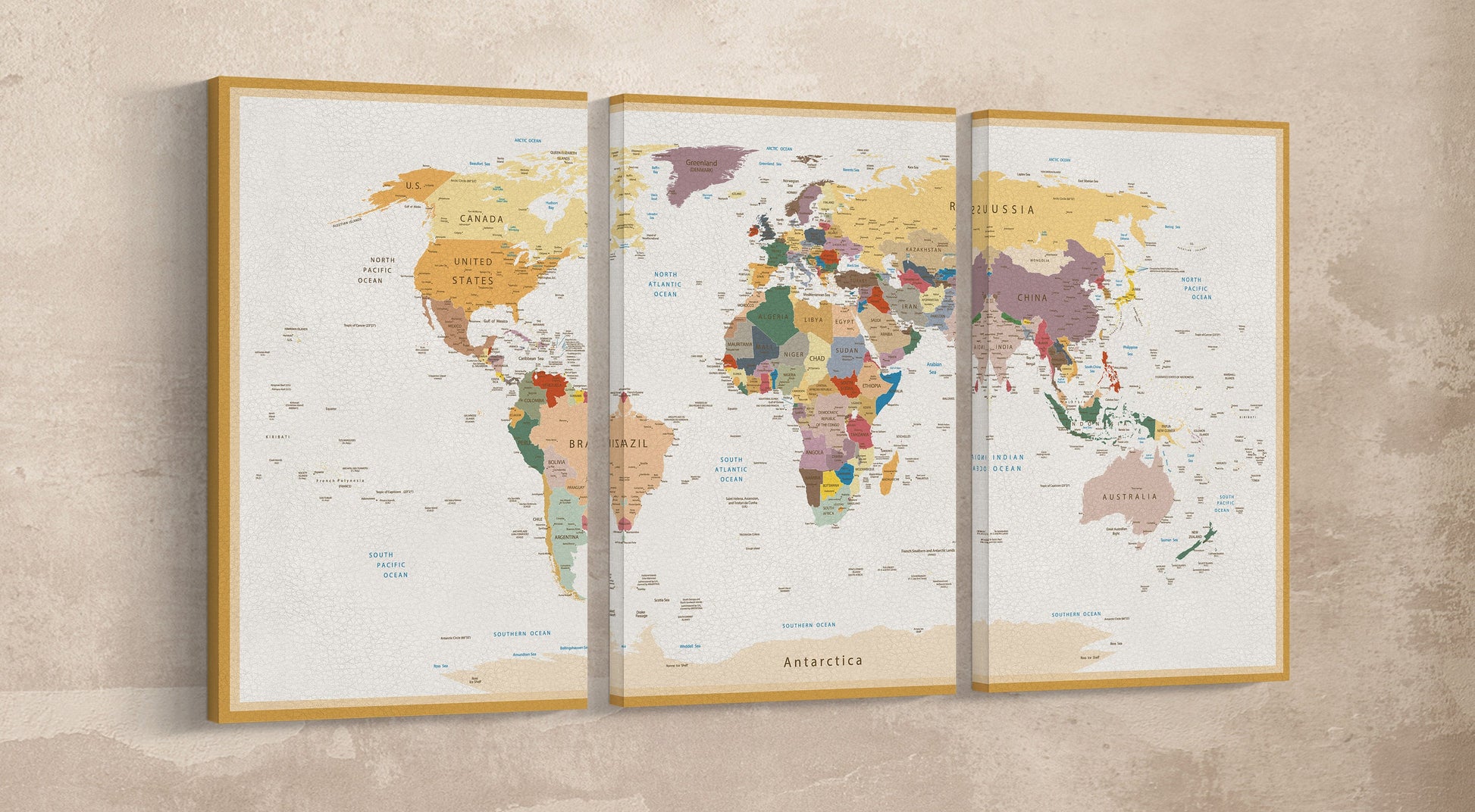Push Pin Detailed World Map Vintage + Custom Quote Framed Canvas Leather Print