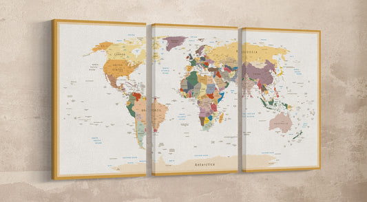 Push Pin Detailed World Map Vintage + Custom Quote Framed Canvas Leather Print