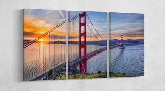Golden Gate at Sunset, San Francisco Framed Canvas Leather Print