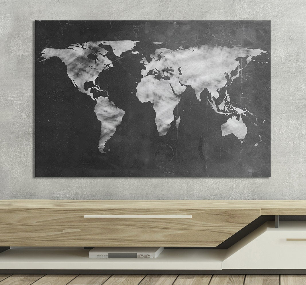 Large World Map Black and White Artwork Eco Leather Print
