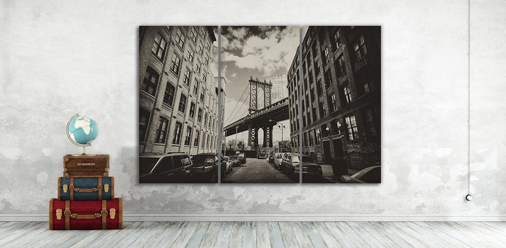 Manhattan bridge from Brooklyn New York, USA Framed Canvas Print