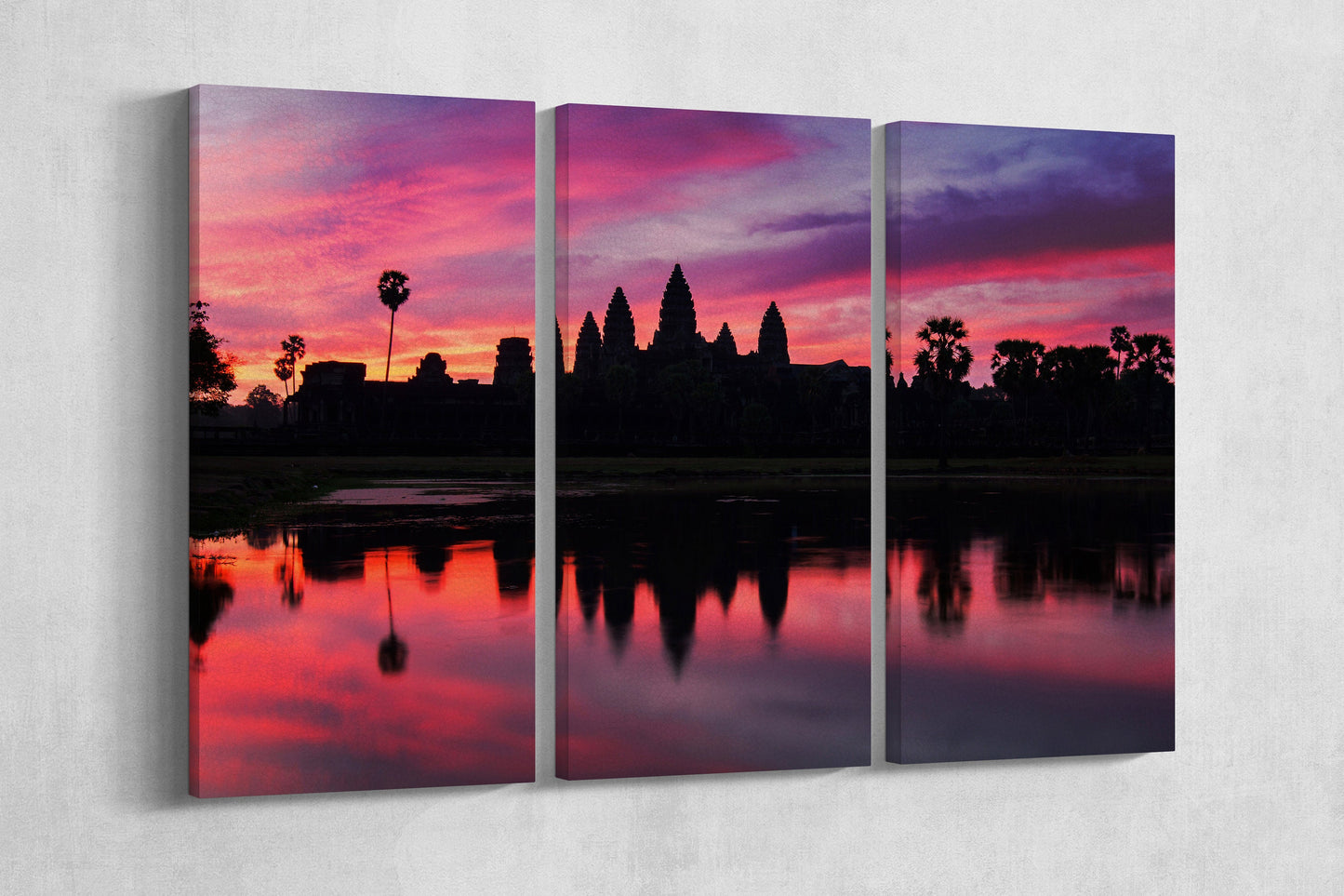 Angkor Wat Temple Cambodia Dramatic Sunrise Wall Art Home Decor Canvas Eco Leather Print 3 Panels