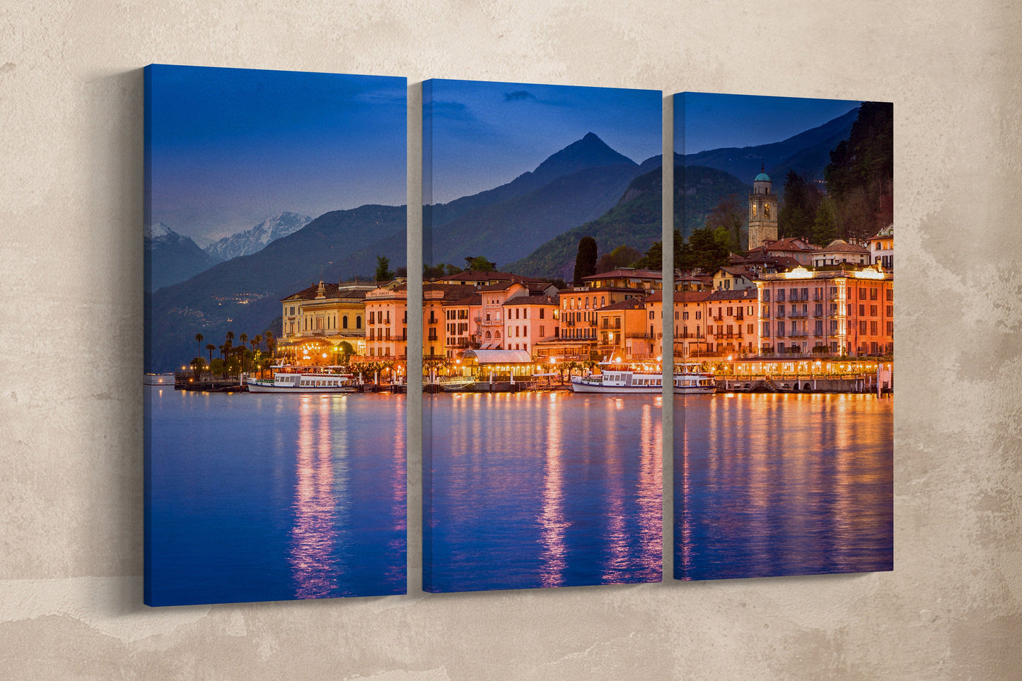 Bellagio Lake Como Wall Art Home Decor Canvas Eco Leather Print Triptych Beige Wall