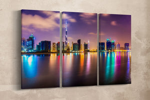 Dubai lights skyline at dusk canvas print wall art