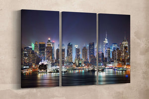 New York City Manhattan Skyline over Hudson River Leather Print, Made in Italy!