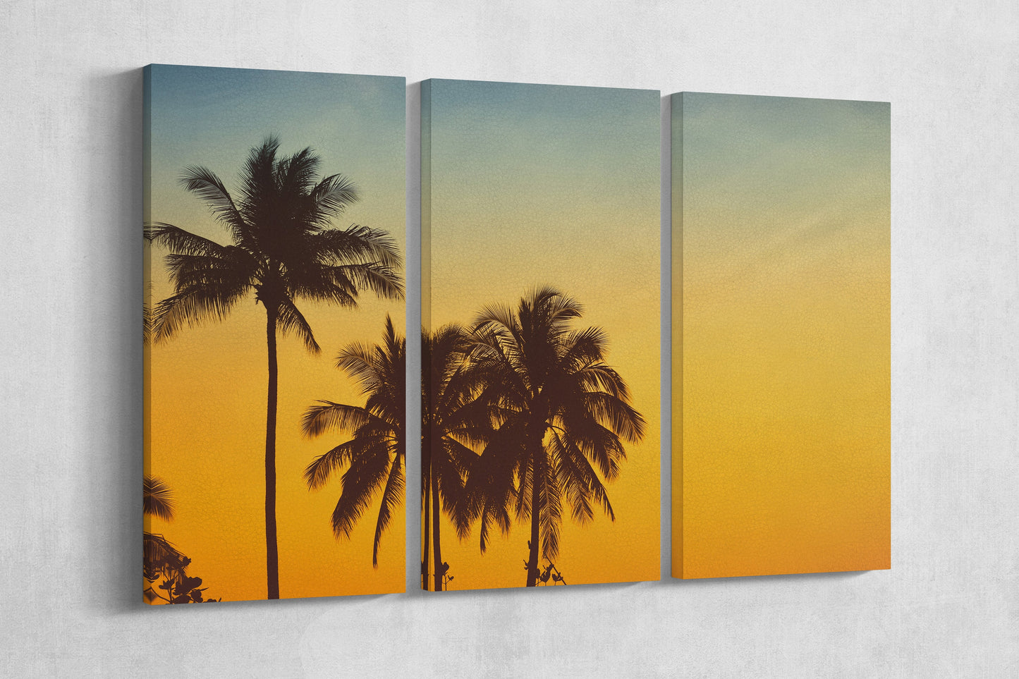 Palm Tree Silhouette at Sunset Wall Art Canvas Eco Leather Print 3 Panels