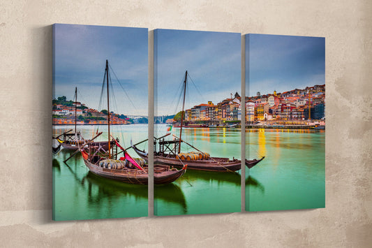 Porto Portugal Douro River with Traditional Rabelo Boats Canvas Eco Leather Print, Made in Italy!