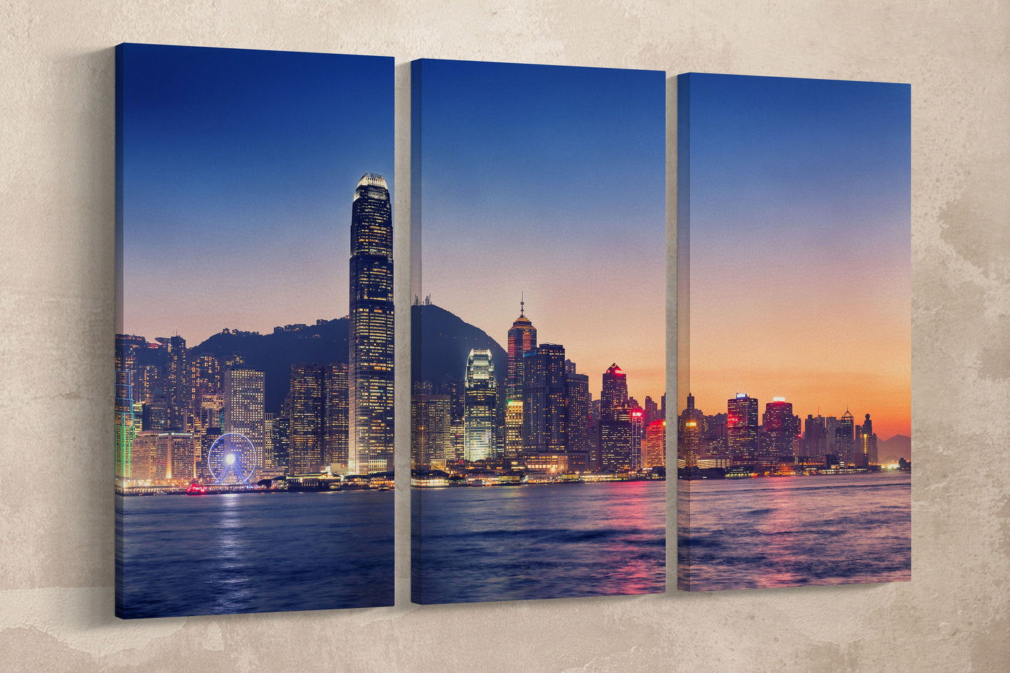 Hong Kong Island Downtown Skyline at Sunset Framed Canvas Leather Print