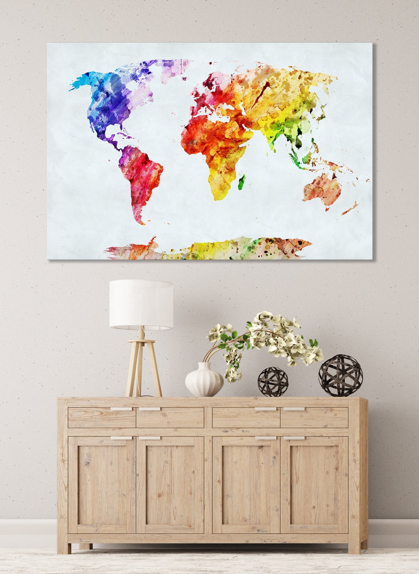 Watercolor world map framed canvas print