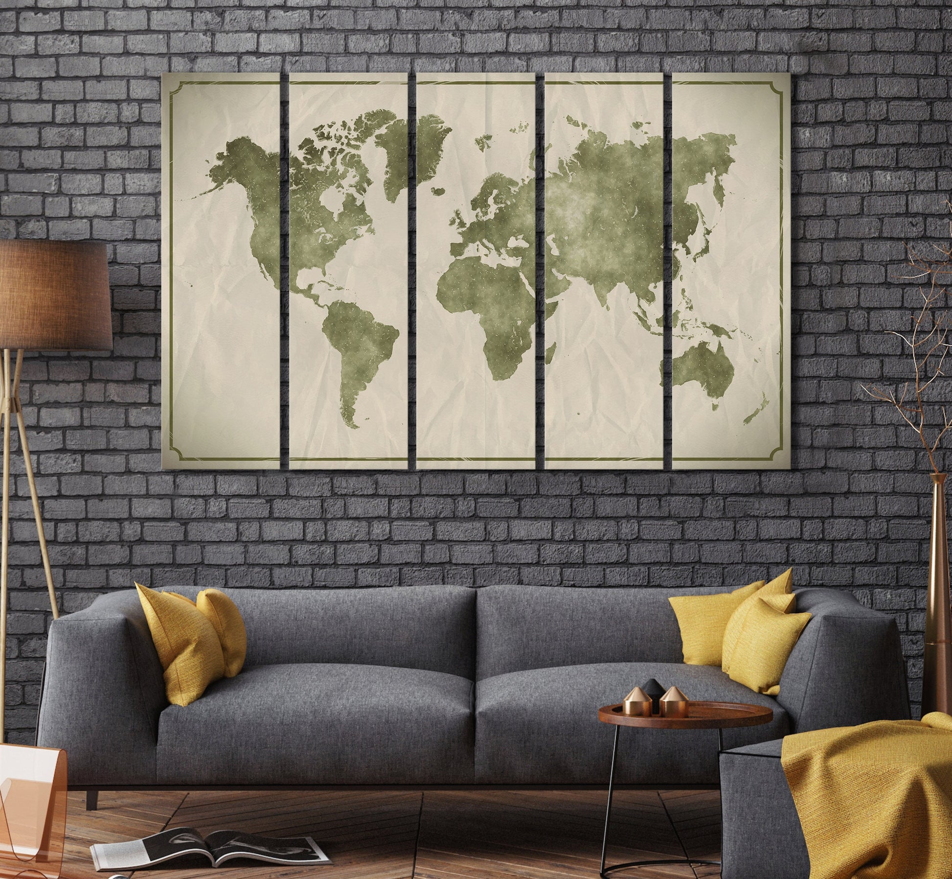 Watercolor on crumpled paper background world map framed canvas print