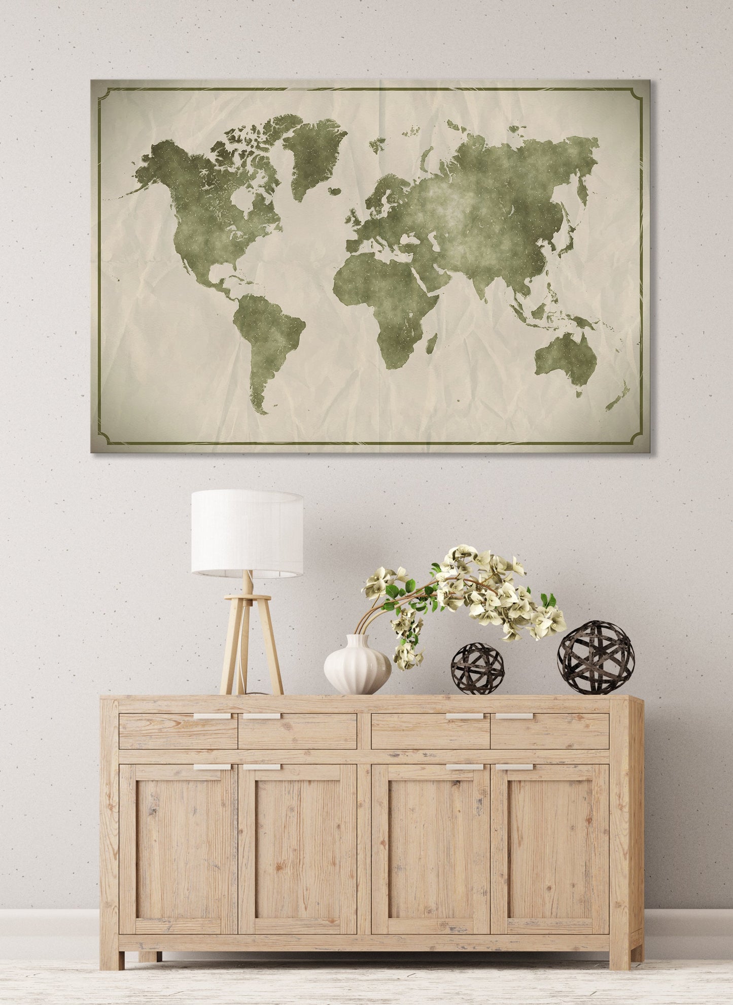 Watercolor on crumpled paper background world map framed canvas print