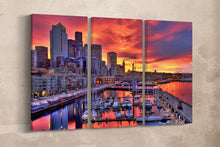 Charger l&#39;image dans la galerie, Seattle Skyline at Dawn Leather Print/Seattle Canvas Print/Large Wall Art/Large Wall Decor/Triptych/Made in Italy/Better than Canvas