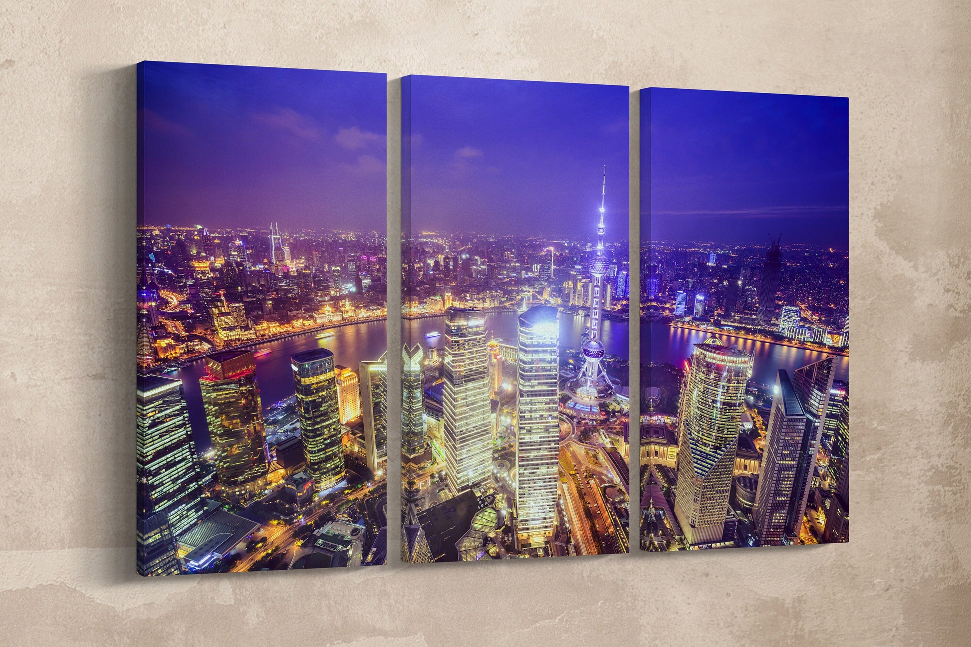 Shanghai Skyline at Night Canvas Eco Leather Print, Made in Italy!