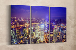 3 Panel Shanghai Skyline at Night Framed Canvas Leather Print